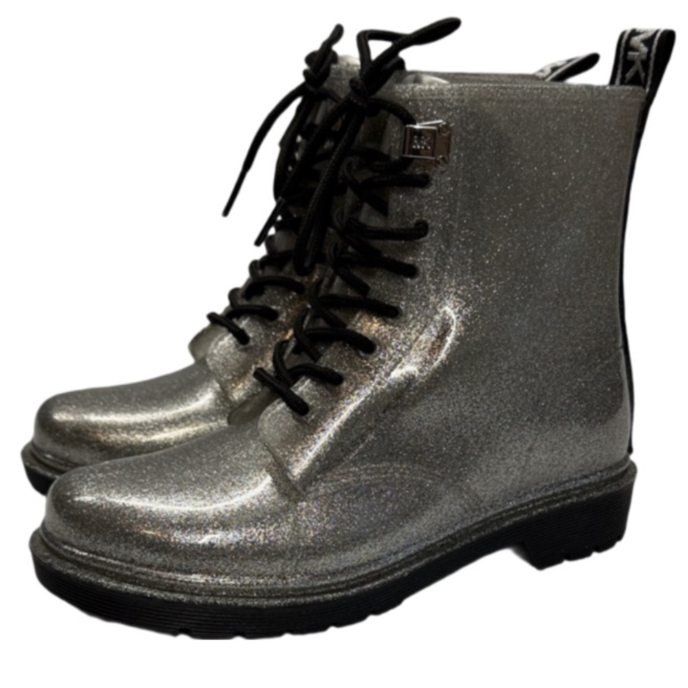 Michael Kors Silver Glitter Tavie Lug Sole Lace Up Combat Rain Booties Size 6 - Picture 2 of 11